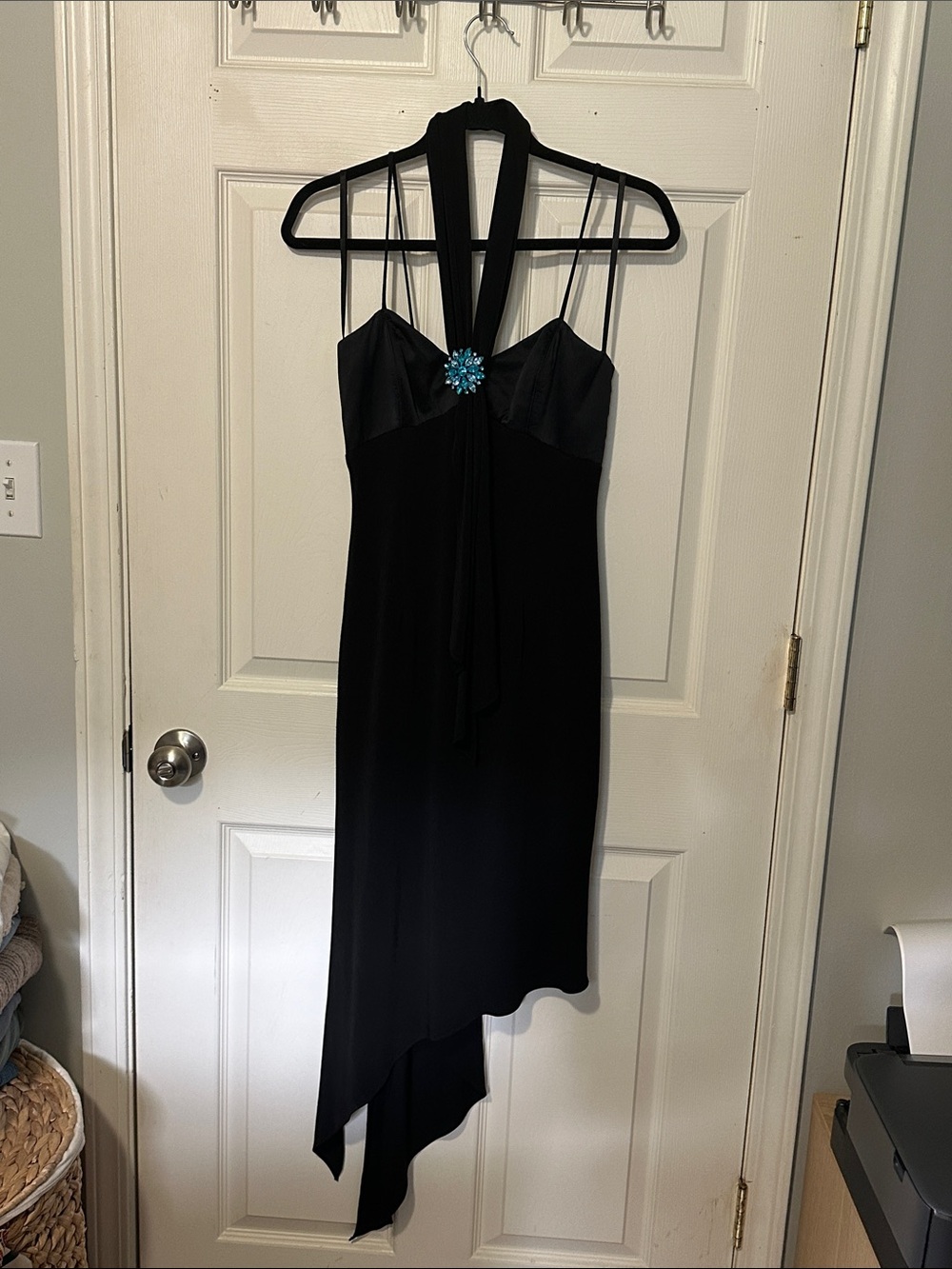 Cache Vintage Y2K Black Asymmetrical Satin Halter Dress with Turquoise Brooch